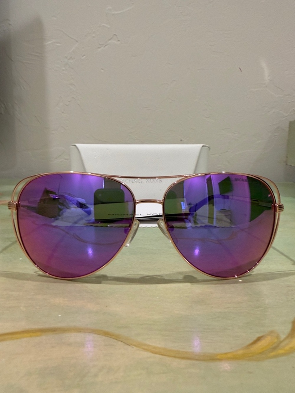Michael Kors Aviator Sunglasses - Rose Gold Frame with Purple Mirrored Lenses